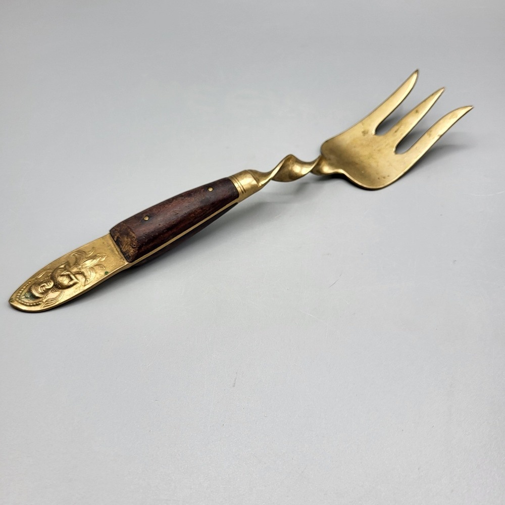 Vintage Serving Fork Brass Wood Spiral Twist Buddha Gold Siam Brown Replacement